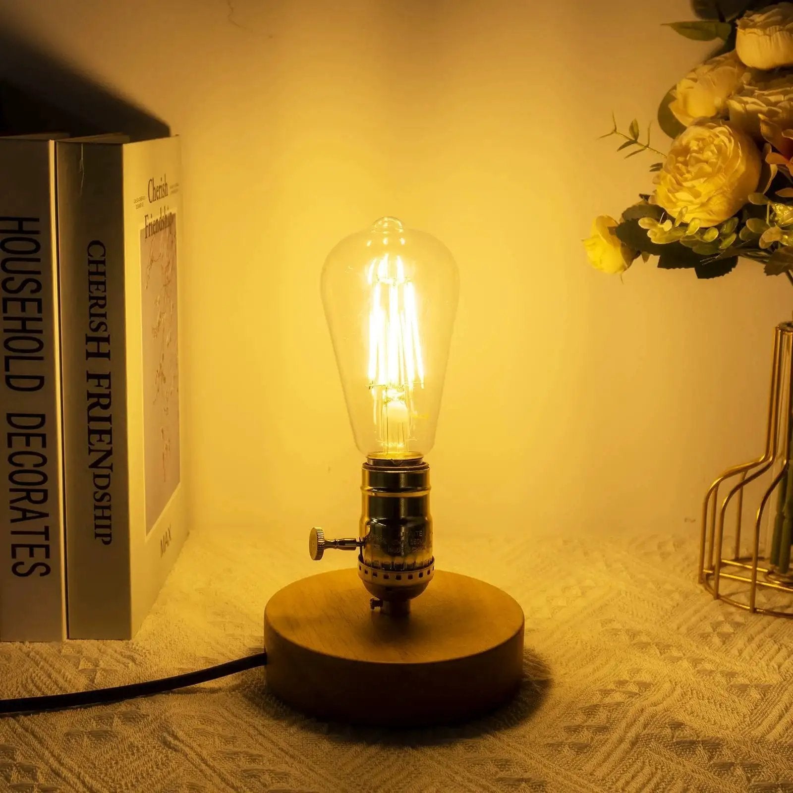 Table lamp with exposed bulb on a wooden base, featuring a visible turn switch, suitable for Vintage Brass Lamp Switch Knobs Replacement Kit, 4 Pack.
