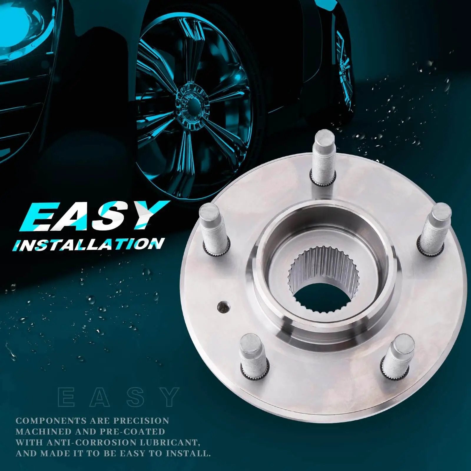 Front Wheel Hub And Bearing Assembly 513121 Compatible With Cadillac Eldorado 1997 2002 Seville 1997 2004 DeVille 1997 2005 DTS 2006 2011 With ABS 5 Lug 2 Pack showing easy installation features against a wheel backdrop.