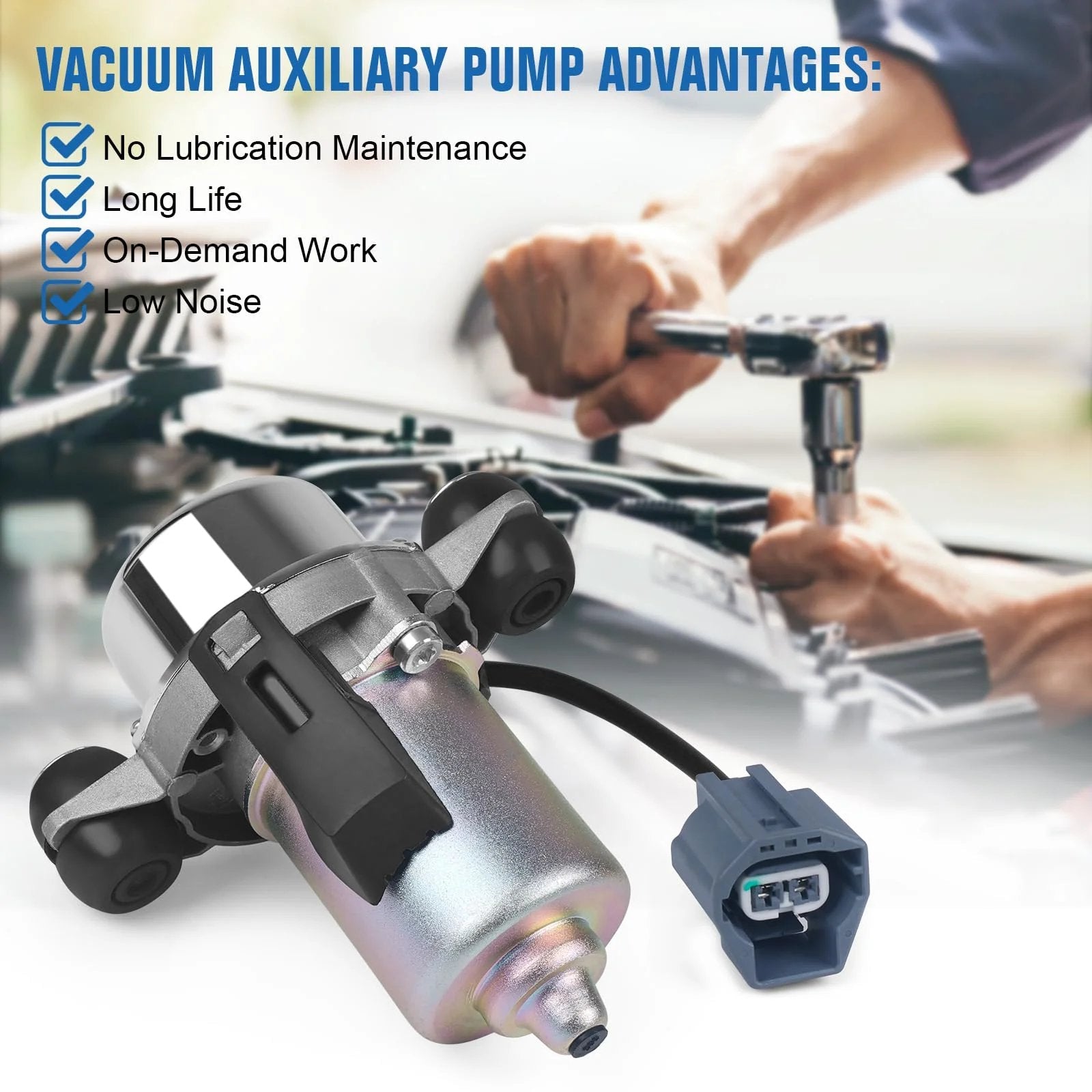 Electric Brake Vacuum Pump Assembly For Car Power Brake Booster High Performance Auxiliary Vacuum Pump With Strong Suction And Fast Vacuum Build Compact Lightweight Design To Improve Engine Brake Vacuum shown in close-up view