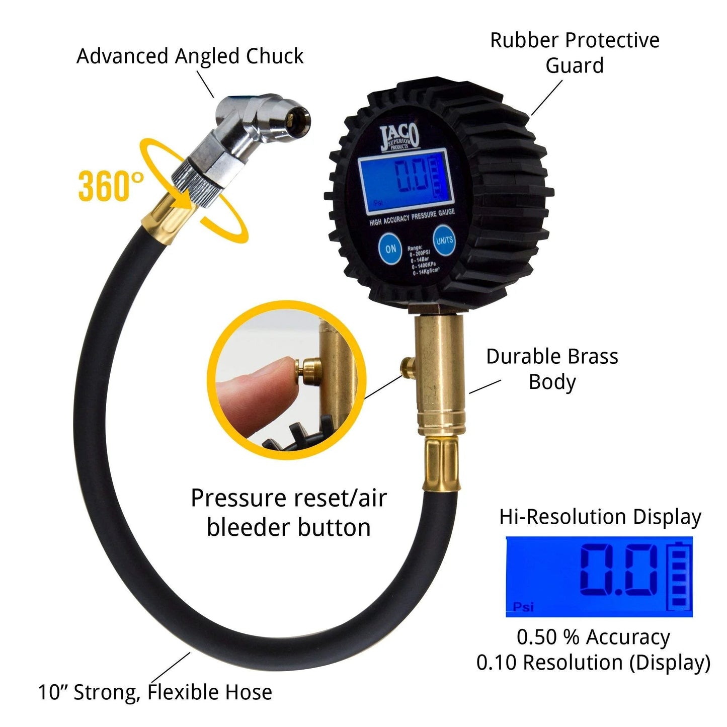 Close-up of the ElitePro Digital Tire Pressure Gauge with 360-degree angled chuck and hi-resolution display.