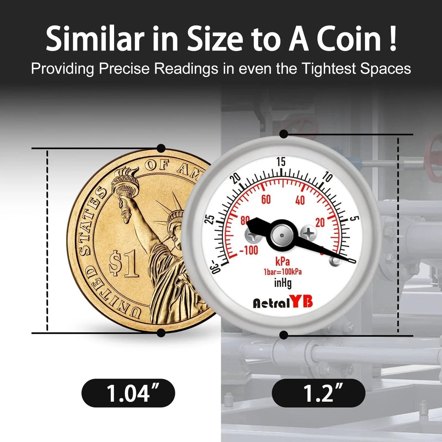 Tiny But Mighty Mini Vacuum Pressure Gauge With 1.2 Inch Dial Dual Imperial And Metric Scales next to coin for size comparison.