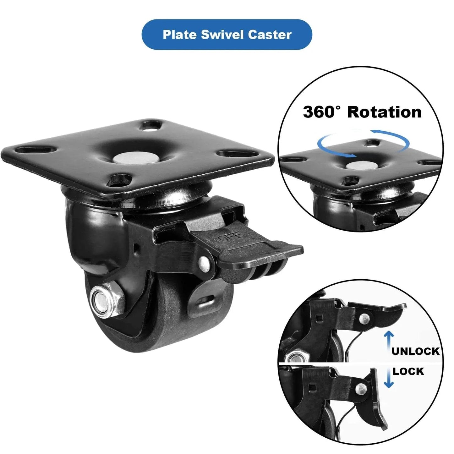 2-Inch Plate Swivel Caster Wheels Set Of 4 Heavy Duty Load Capacity 2200 Lbs With Brake Center Of Gravity Nylon Wheels, close-up view