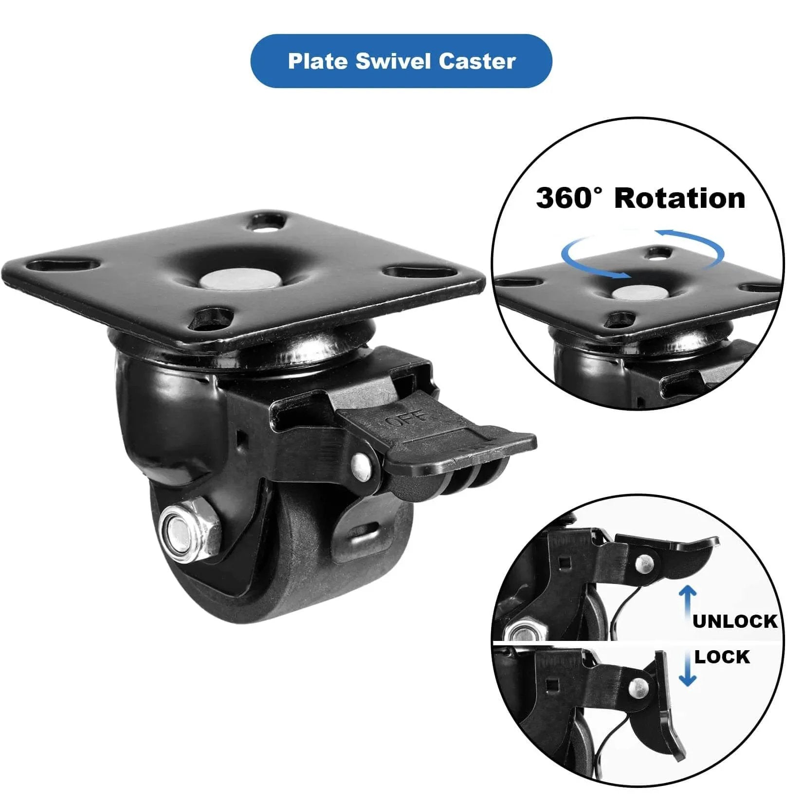 2-Inch Plate Swivel Caster Wheels Set Of 4 Heavy Duty Load Capacity 2200 Lbs With Brake Center Of Gravity Nylon Wheels, close-up view