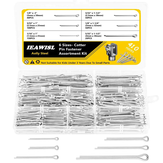 410 Piece Cotter Pins Assortment Kit Pro Grade With 6 Sizes Zinc Plated Carbon Steel Hairpin Cotter Pins in storage box