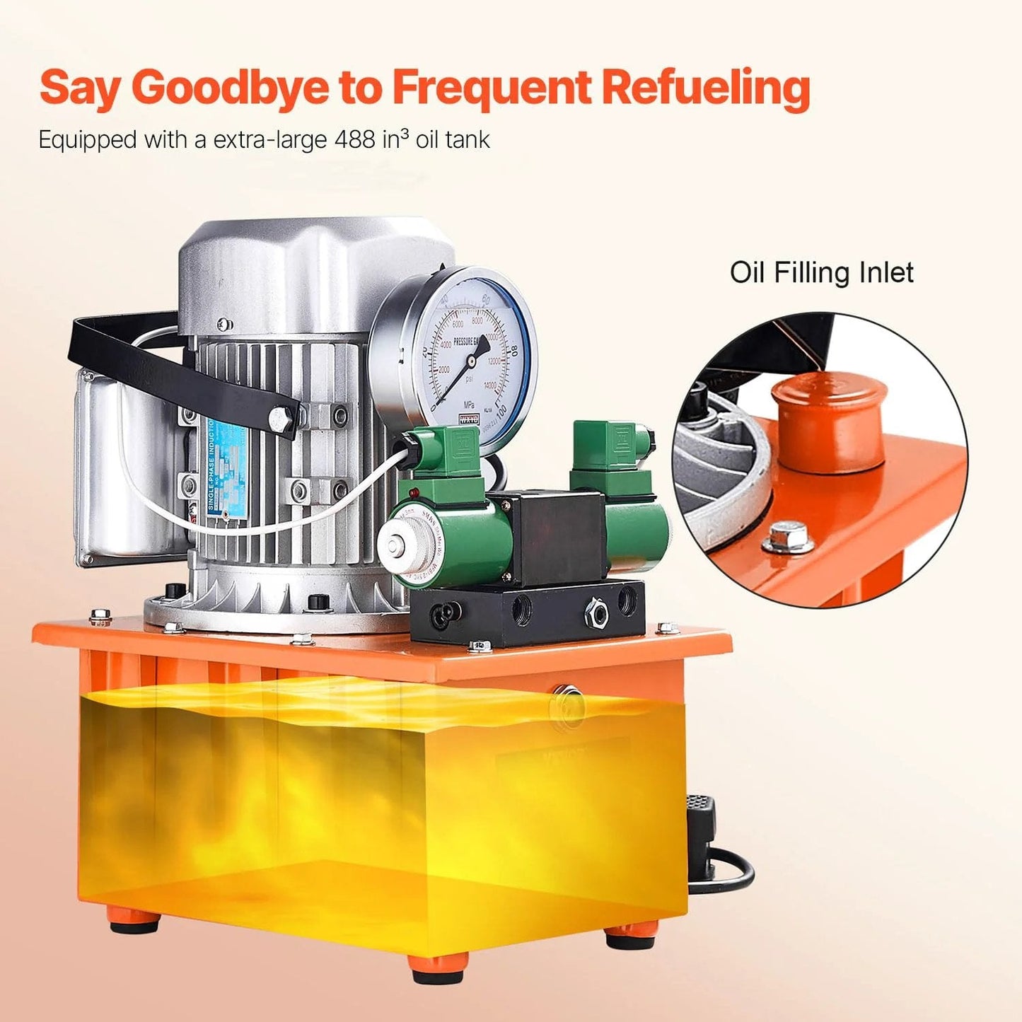 Beefy 10000 PSI Hydraulic Electric Pump With Double Acting 750W Copper Core Motor And 8L Power Pack Cylinder, front view