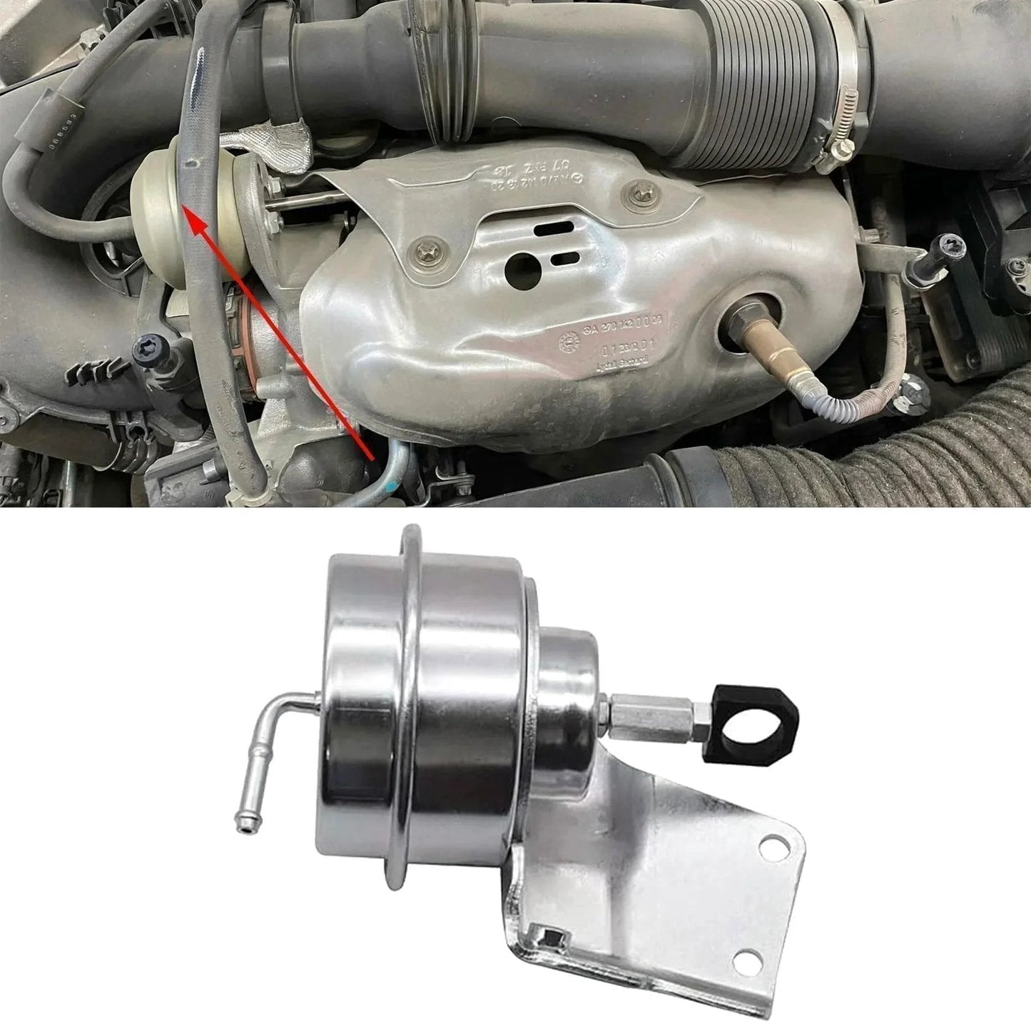 Beefed Up Turbo Wastegate Vacuum Actuator For Acura RDX K23A1 TD04 Turbo Fitment 2007 2012 Boost Control And Performance With P2263 And P0234 Codes Direct Fit Replacement installed and close-up view