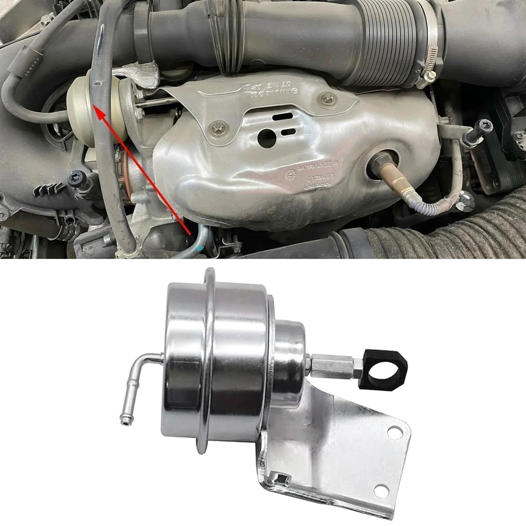 Beefed Up Turbo Wastegate Vacuum Actuator For Acura RDX K23A1 TD04 Turbo Fitment 2007 2012 Boost Control And Performance With P2263 And P0234 Codes Direct Fit Replacement installed and close-up view