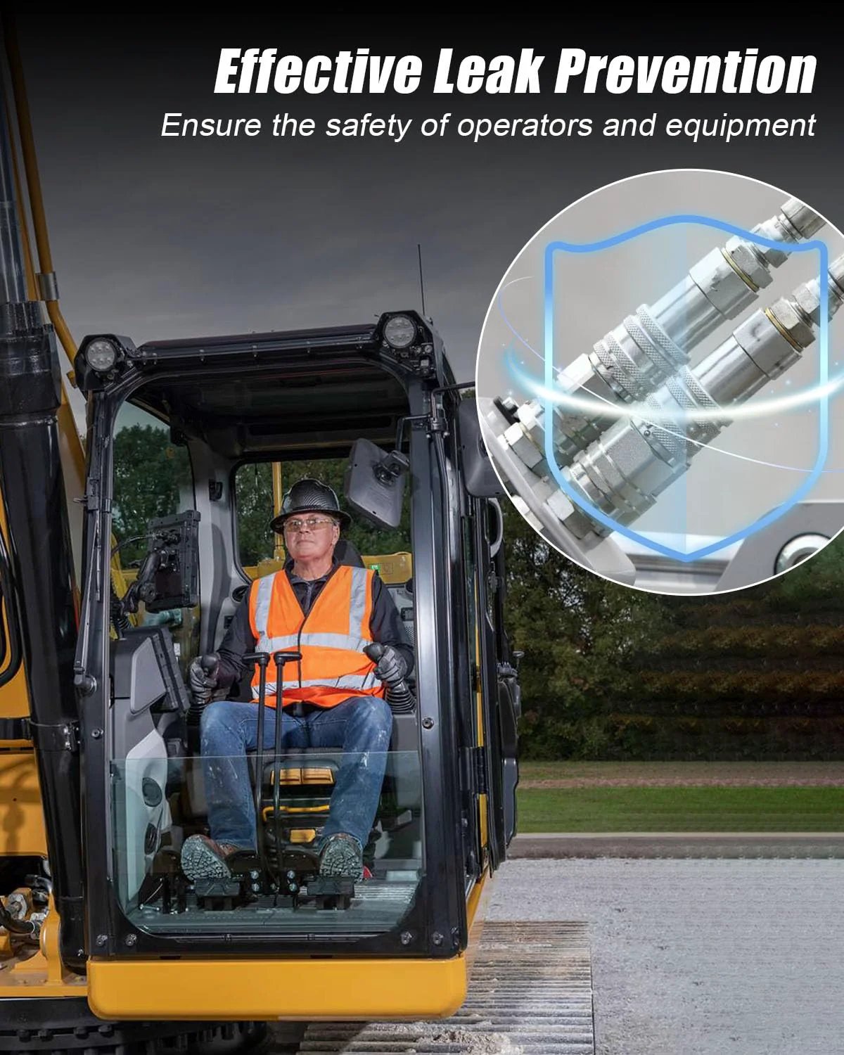 Excavator operator with inset image of three eighths inch flat face hydraulic quick connect couplers with dust caps.