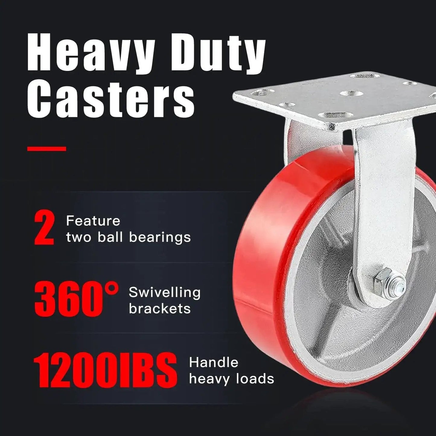 Industrial Casters Set Of 4 With Brakes, 6 Inch Swivel And 2 Rigid Wheels, showcasing one caster with red polyurethane tread.