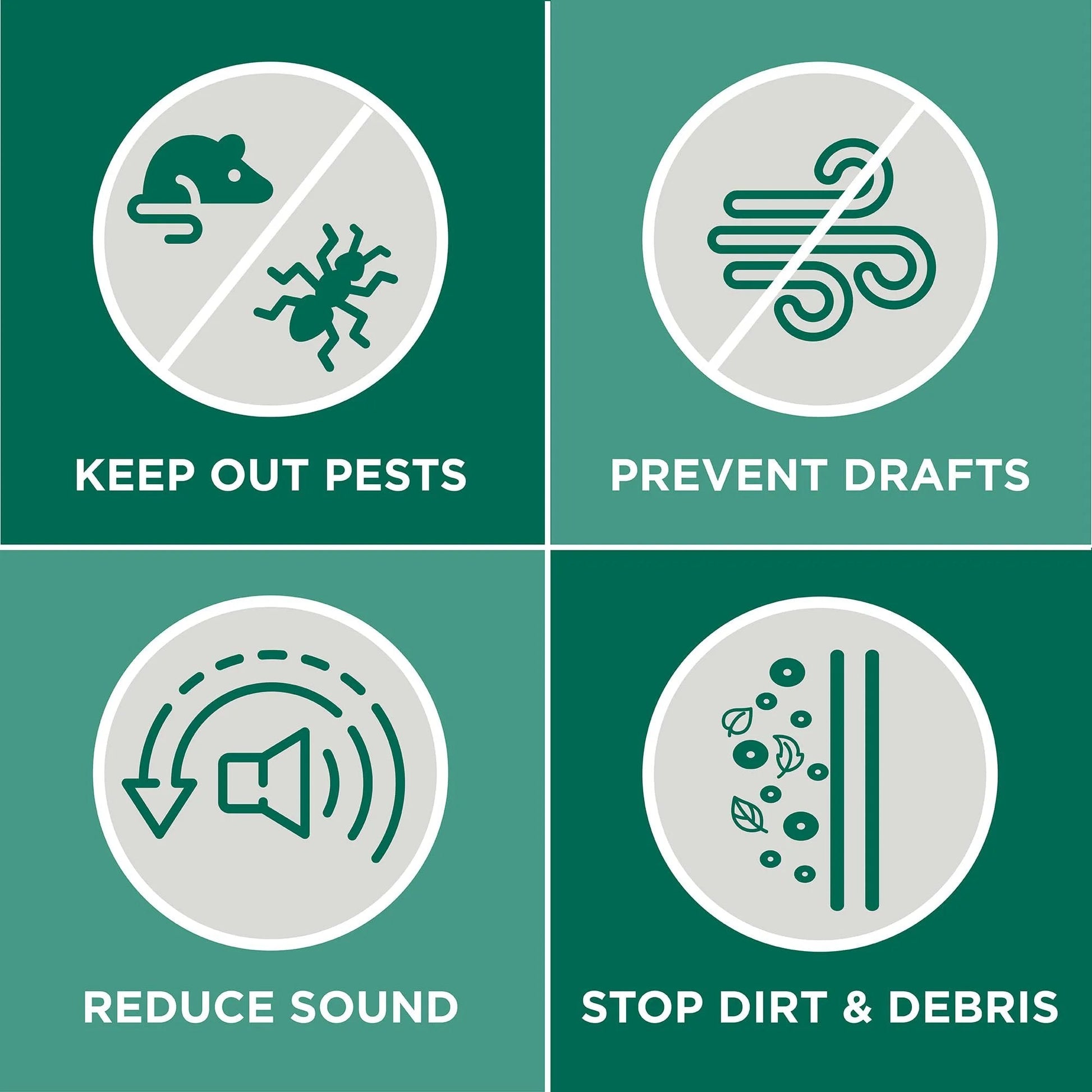 Illustration showing benefits of door sweep: keeps out pests, prevents drafts, reduces sound, stops dirt and debris.