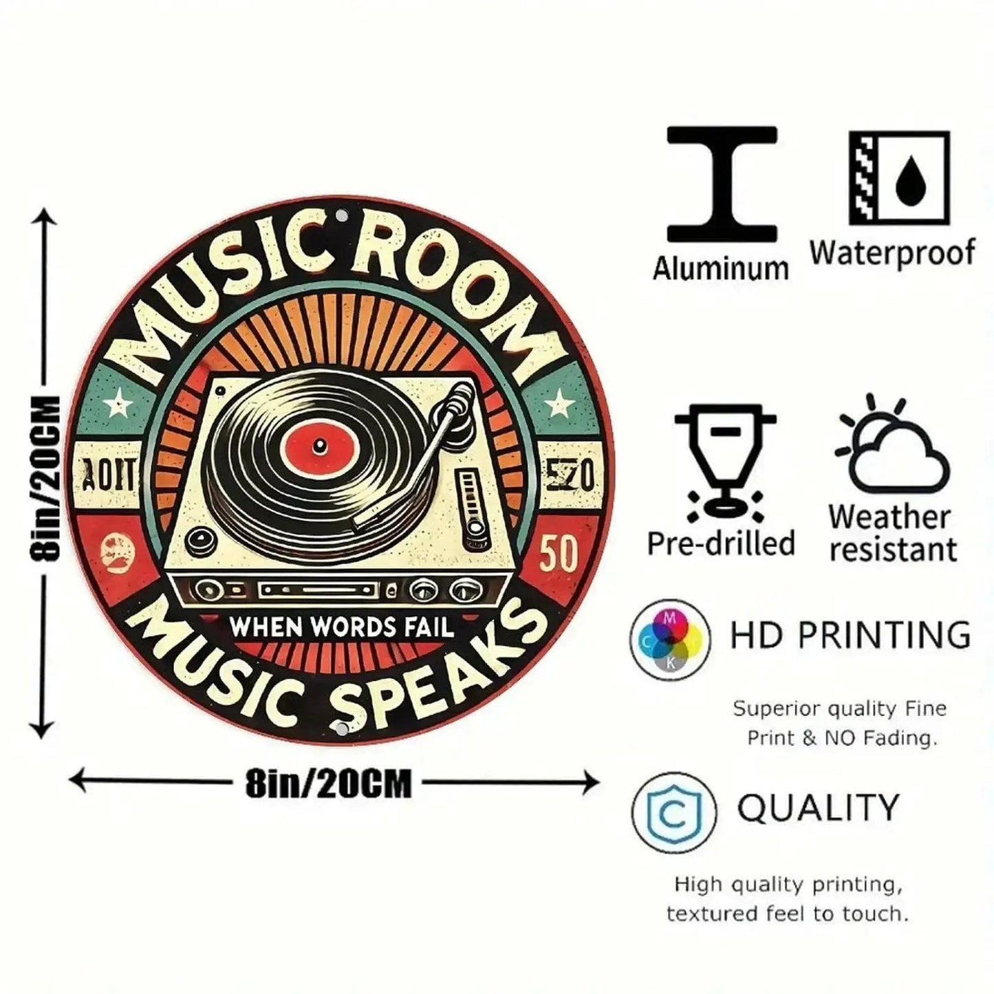 Retro Music Room Sign Featuring Turntable Design Round Aluminum Wall Art For Home Office Cafe And Yard Indoor Outdoor Decor Durable Rust Resistant Metal With Full Surface UV Printing