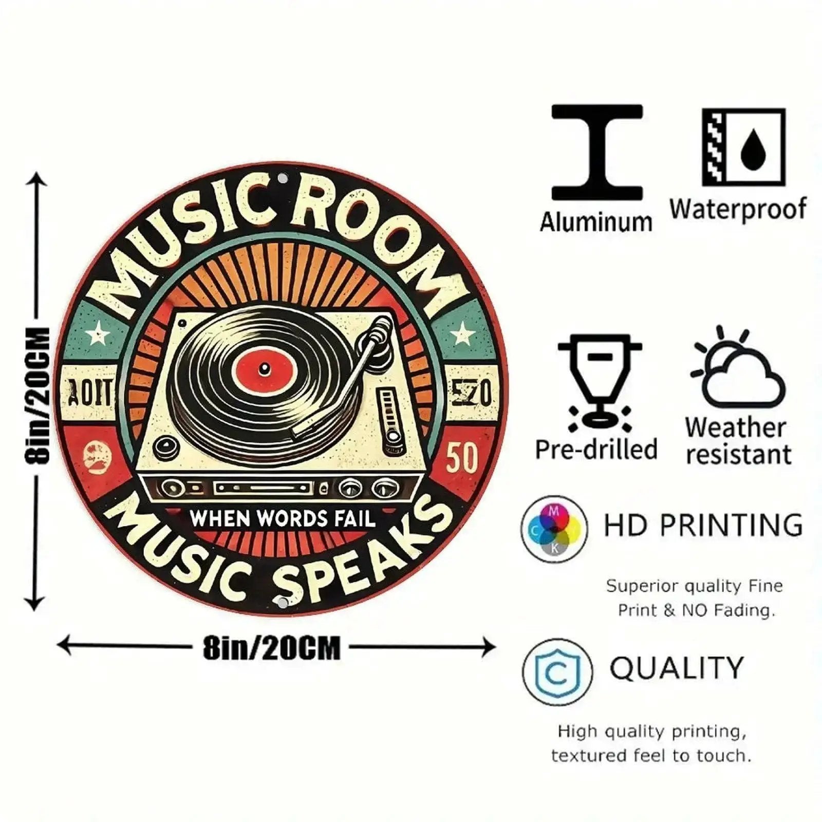 Retro Music Room Sign Featuring Turntable Design Round Aluminum Wall Art For Home Office Cafe And Yard Indoor Outdoor Decor Durable Rust Resistant Metal With Full Surface UV Printing
