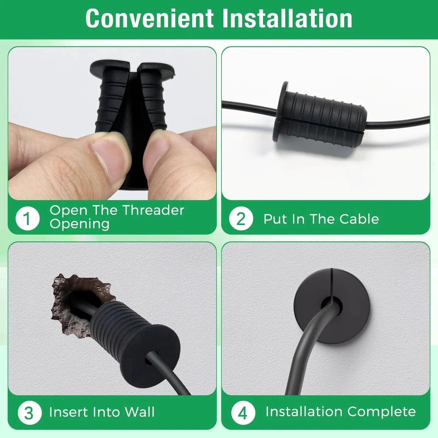 Installation steps for Two Pack Cable Grommet Three Quarters Inch Silicone Anti Slip Wall Hole Pass Through Split Cable Bushings.