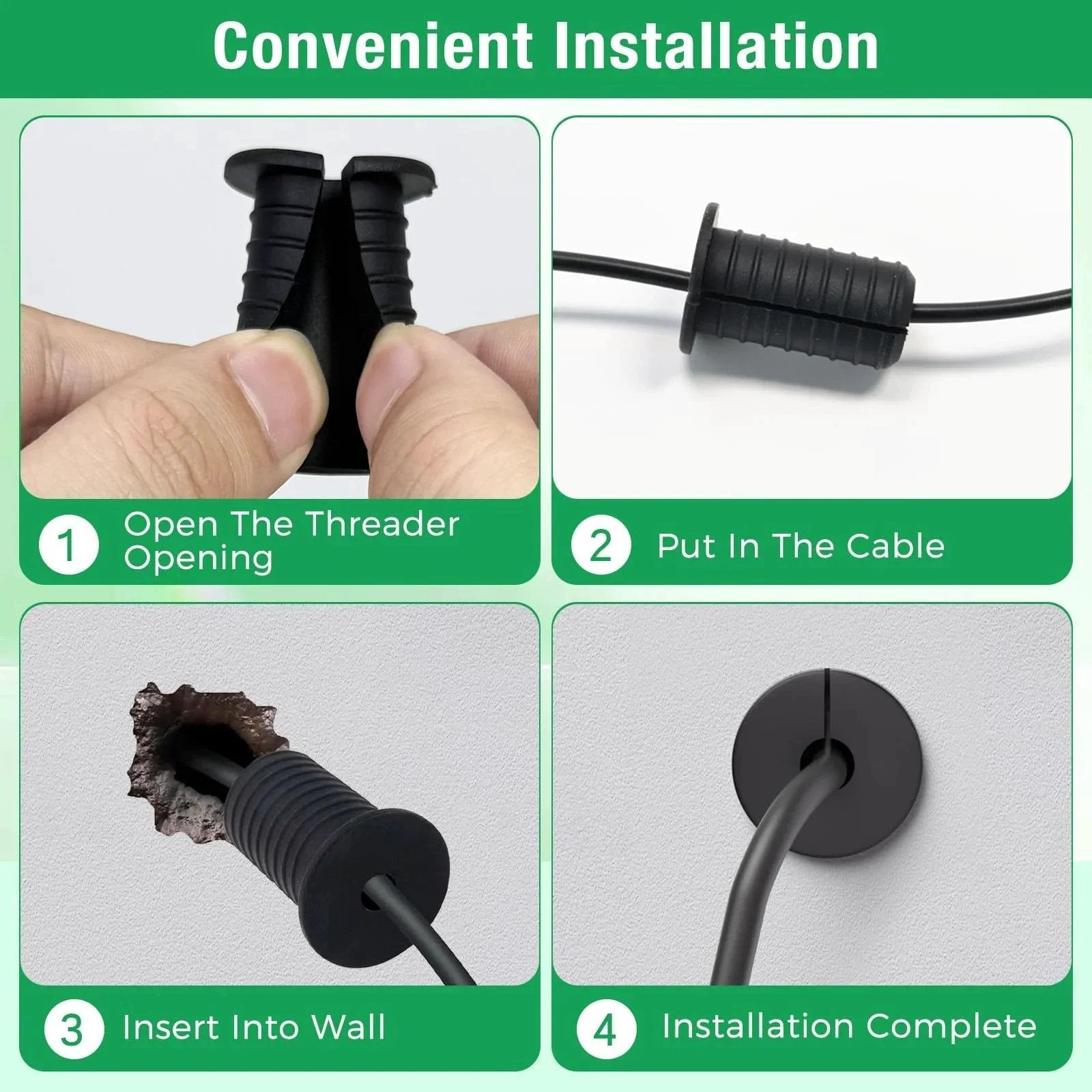 Installation steps for Two Pack Cable Grommet Three Quarters Inch Silicone Anti Slip Wall Hole Pass Through Split Cable Bushings.