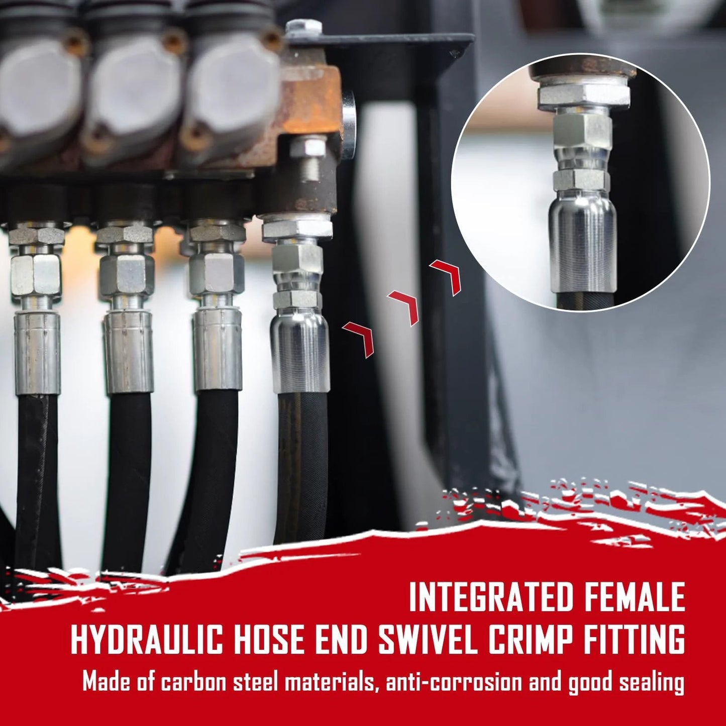 12 Pack Hydraulic Hose End Fittings For One Half Inch ID Hoses To One Half Inch JIC 37 Degree Female Swivel Crimp Fittings With Protective Cover Built For Fast Easy Install And Solid Value In Fluid Power Gear shown in use on hydraulic system.
