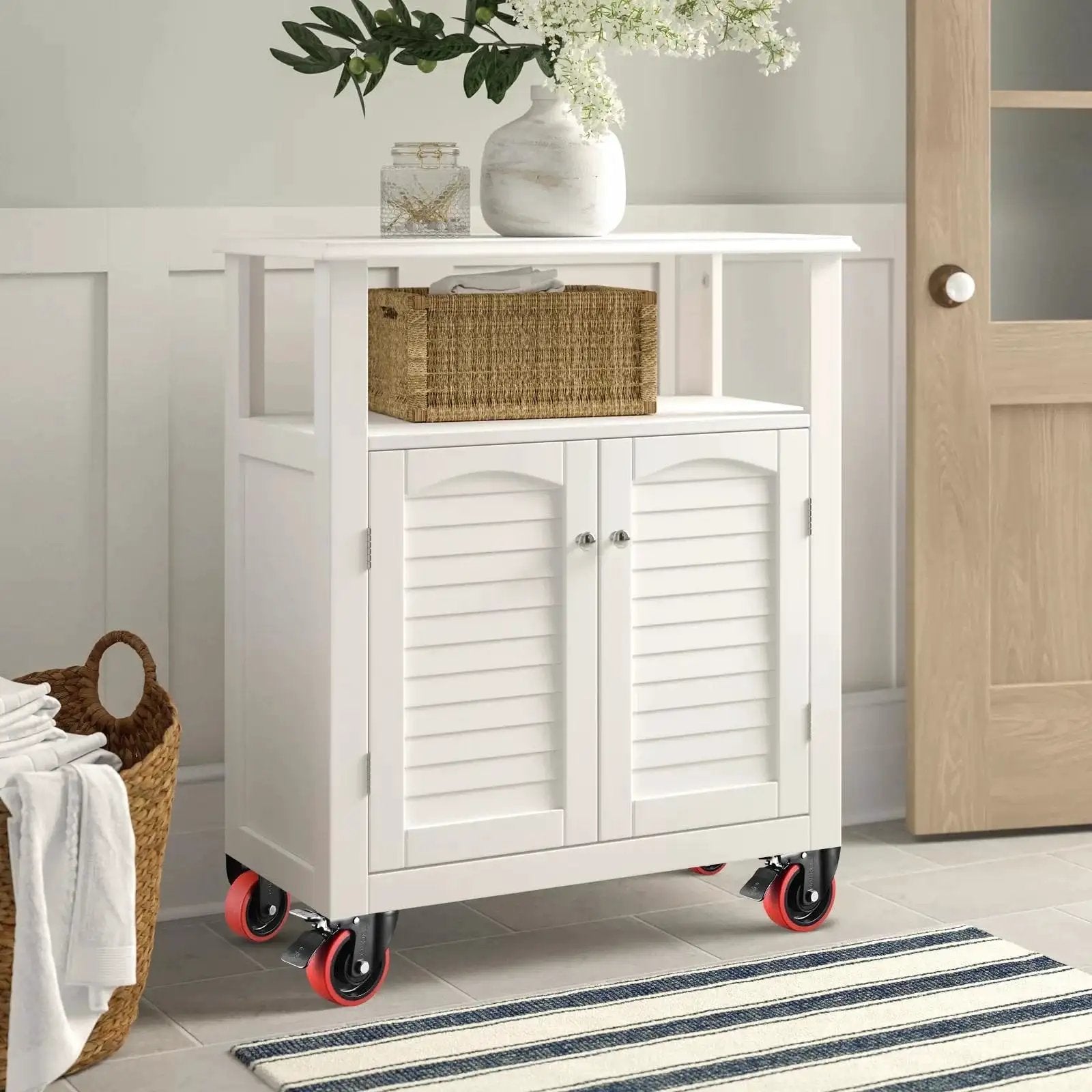 Heavy Duty 4 Inch Swivel Casters Set Of 4 With Brakes, 2200 Lb Capacity, Silent TPR Rubber Wheels on white cabinet
