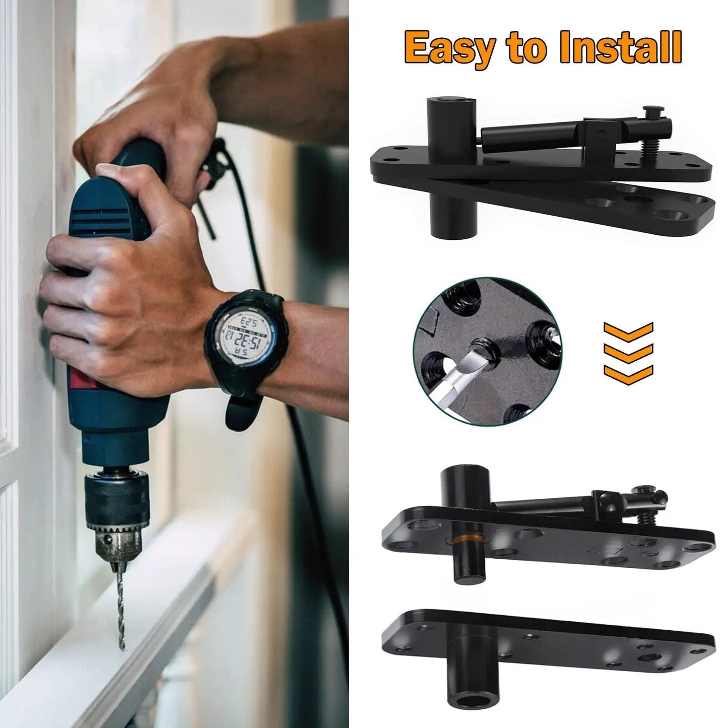 Installation of Hidden Door Hinge Set 304 Stainless Steel Beefy Heavy Duty Pivot Hinge With 573Lb Load Rating, drill in use