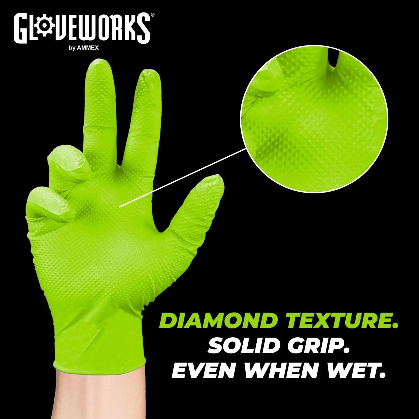 Close-up of Green Nitrile Mechanic Gloves 8 Mil Heavy Duty Raised Diamond Grip Latex Free, highlighting diamond texture and grip.