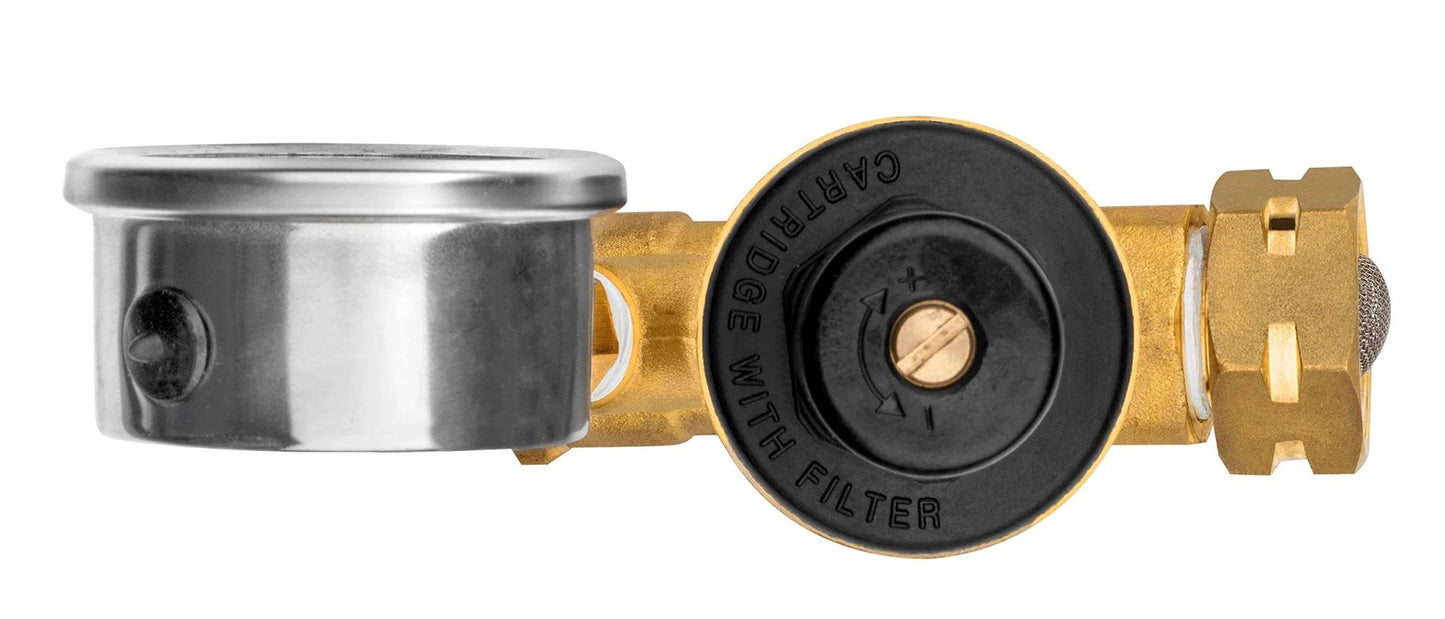 Side view of Adjustable Brass RV Water Pressure Regulator With Gauge For RVers And Campers Travel Trailers Lead Free Reducer Valve