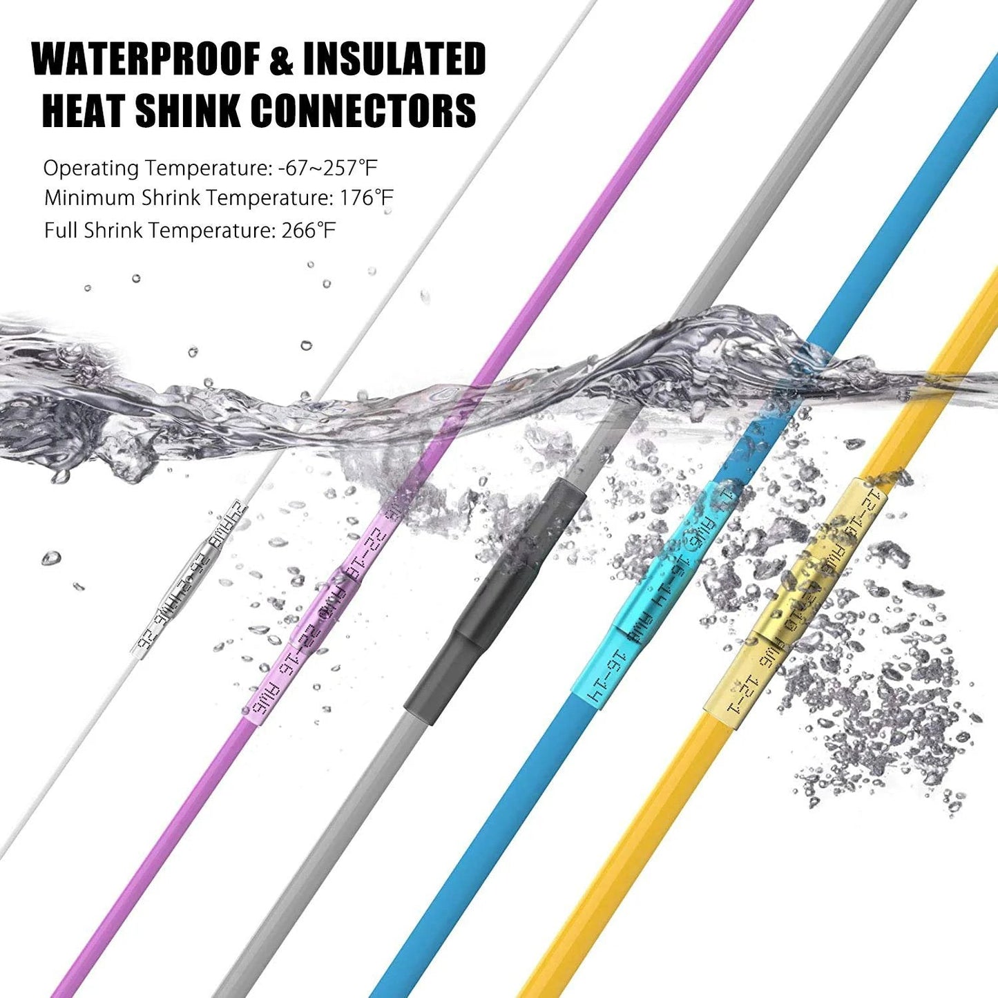 Waterproof & insulated heat shrink connectors in water, labeled with operating temperatures, showcasing color-coded wires.