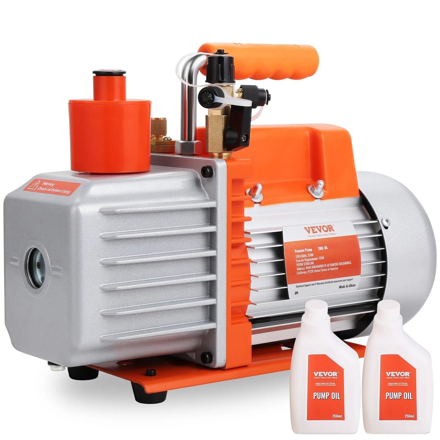 Beast 7 CFM Dual Stage HVAC Vacuum Pump For Fast HVAC Repairs And Refrigeration Maintenance With Oil Bottle By VEVOR One Half Horsepower Rotary Vane Pump For Deep Vacuum And Resin Degassing Compatible With R12 R22 R134a R410a shown with oil bottles