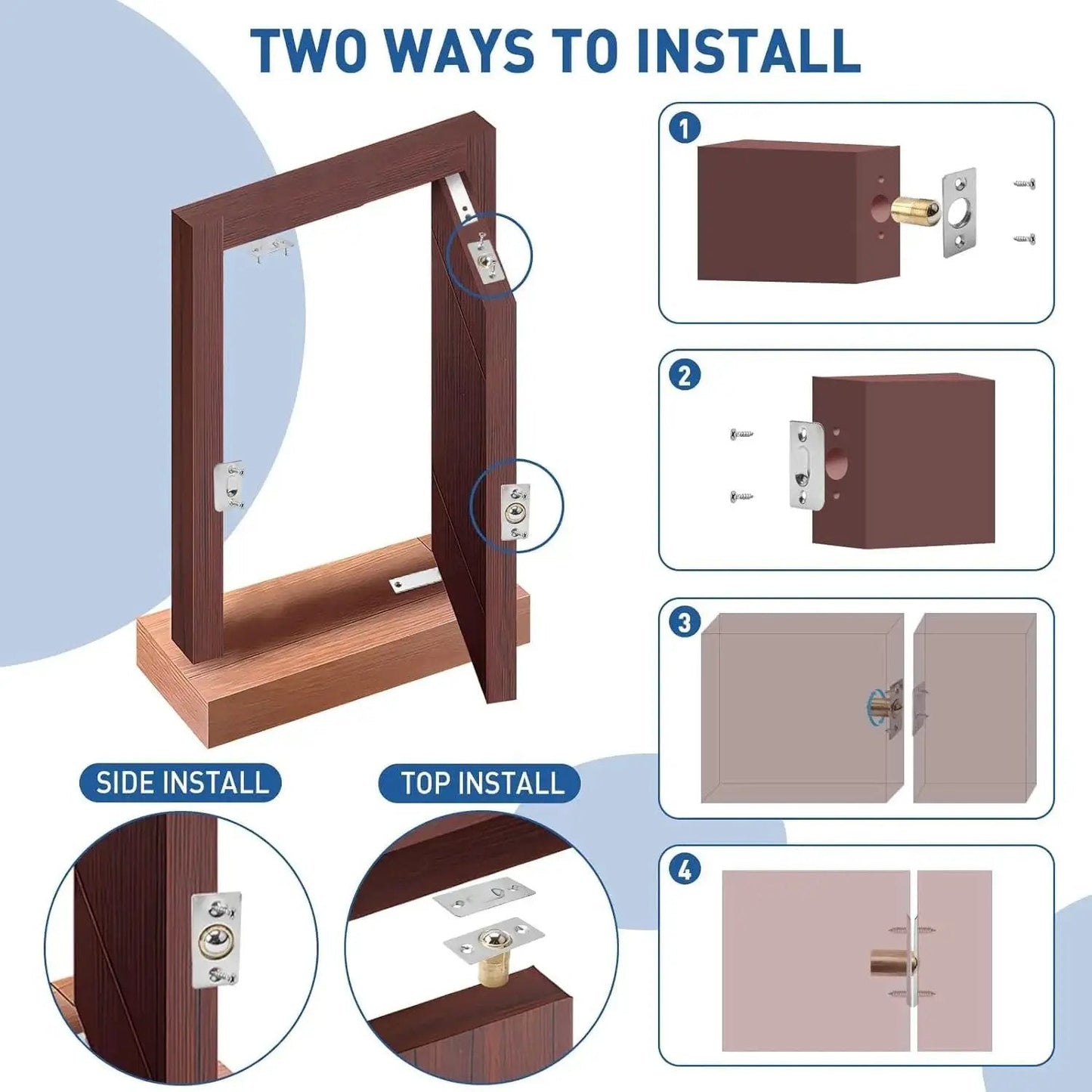 Diagram showing installation of Heavy Duty Pivot Hinge for Secret Hidden Doors and Hidden Bookcase Doors, 300 Lb Load Bearing