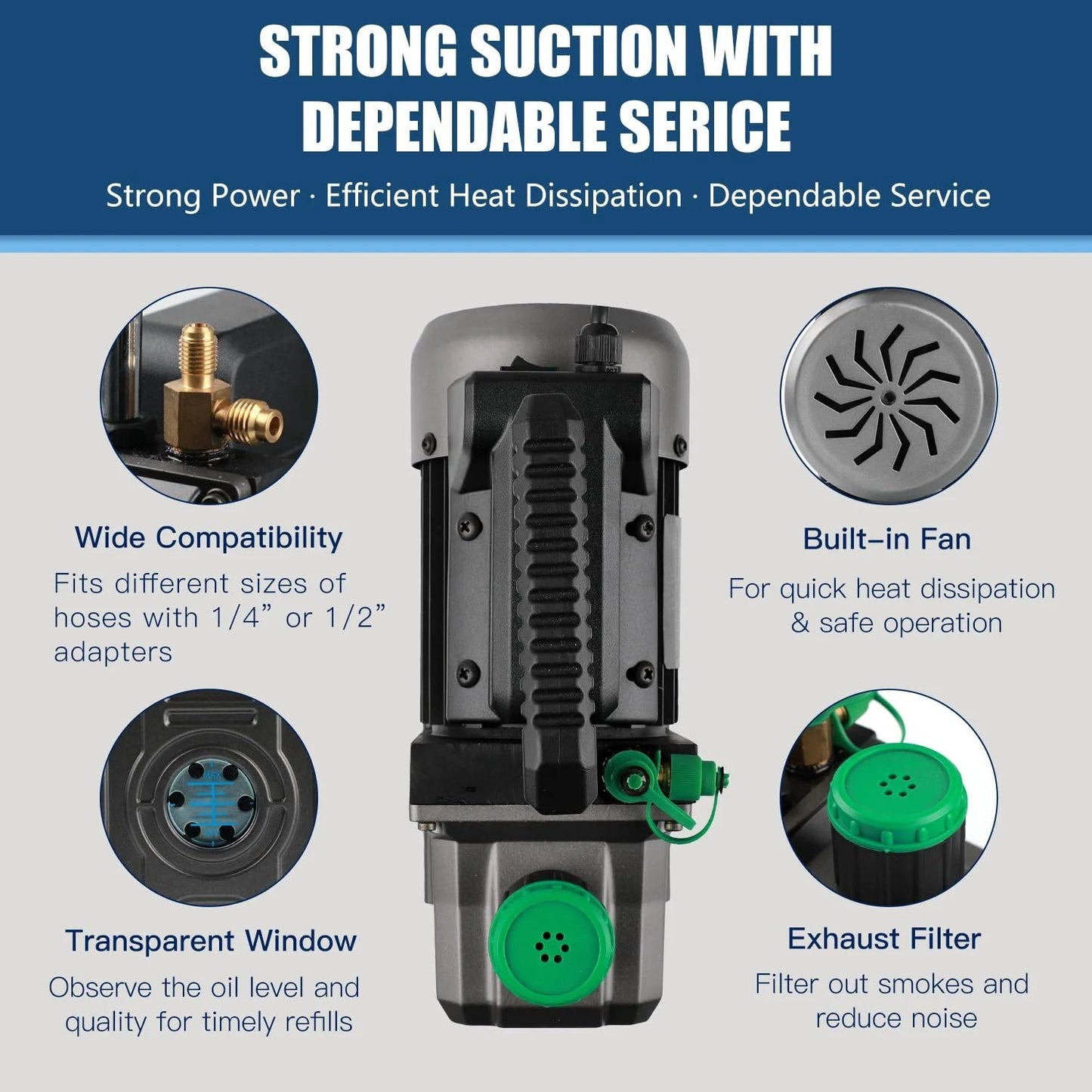 Detailed features of High Performance 4.5 CFM Vacuum Pump Kit 1/3 HP With 3 Way AC Manifold Gauge for R134a R12 R22 R502