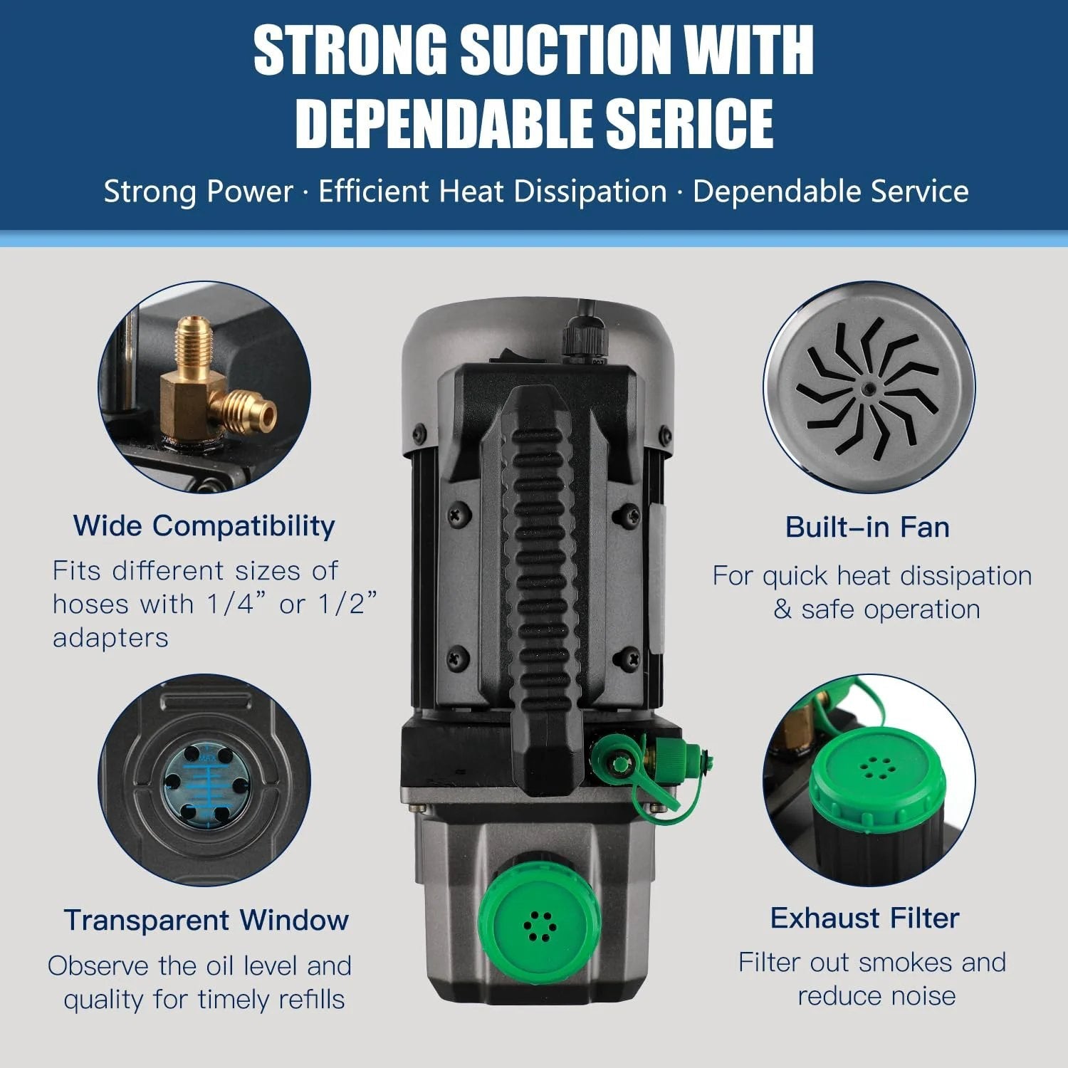Detailed features of High Performance 4.5 CFM Vacuum Pump Kit 1/3 HP With 3 Way AC Manifold Gauge for R134a R12 R22 R502
