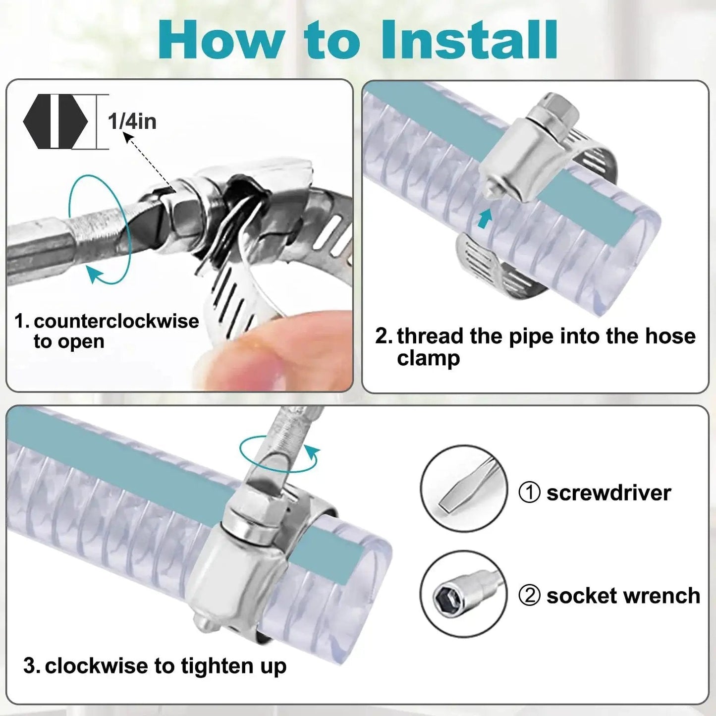 Installation guide for 10 Piece Stainless Steel Hose Clamp Set Adjustable Worm Gear Clamps One And A Half Inch To Two And A Half Inch
