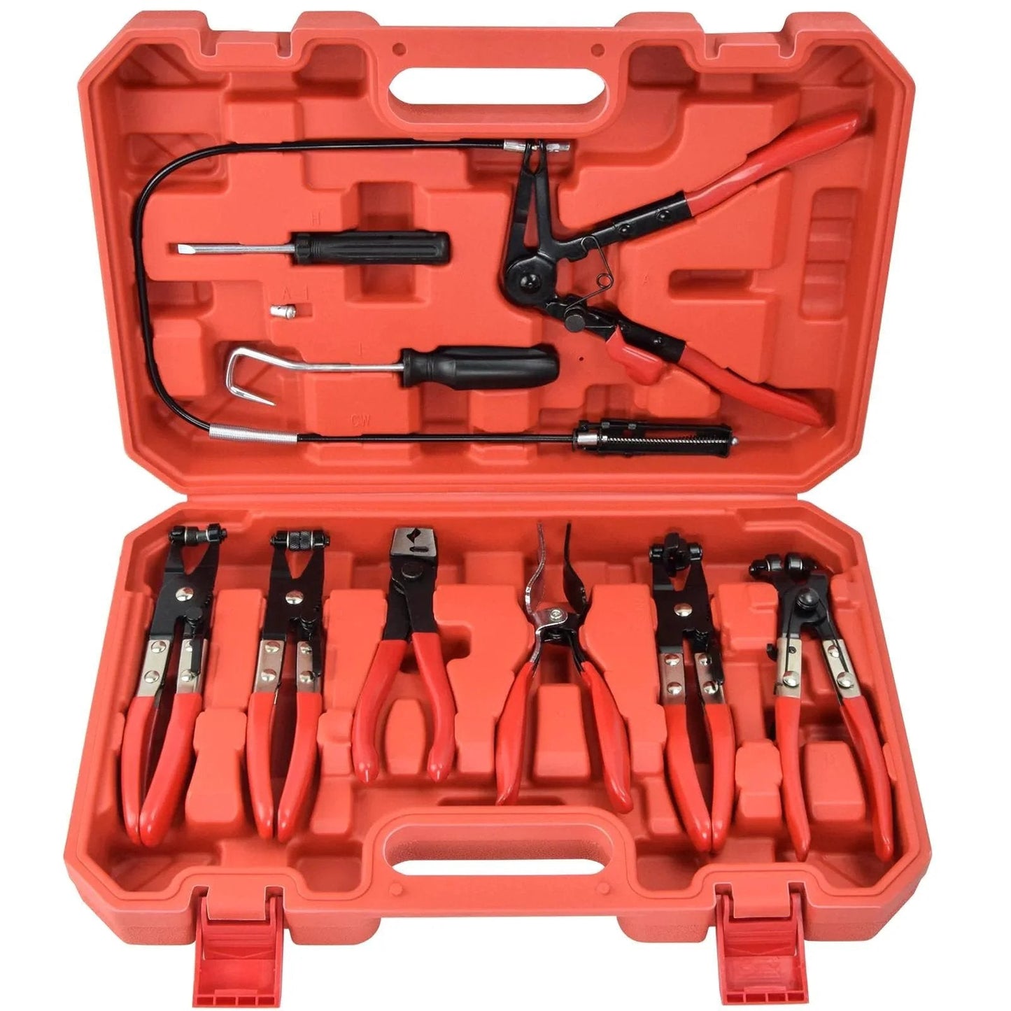 9 Piece Hose Clamp Pliers Set With Flexible Long Reach For Automotive Coolant Radiator Heater And Water Lines Locking Mechanism Carbon Steel With Black Oxide Finish Ergonomic Grip Red Auto Clamp Removal Tool Kit in open red case