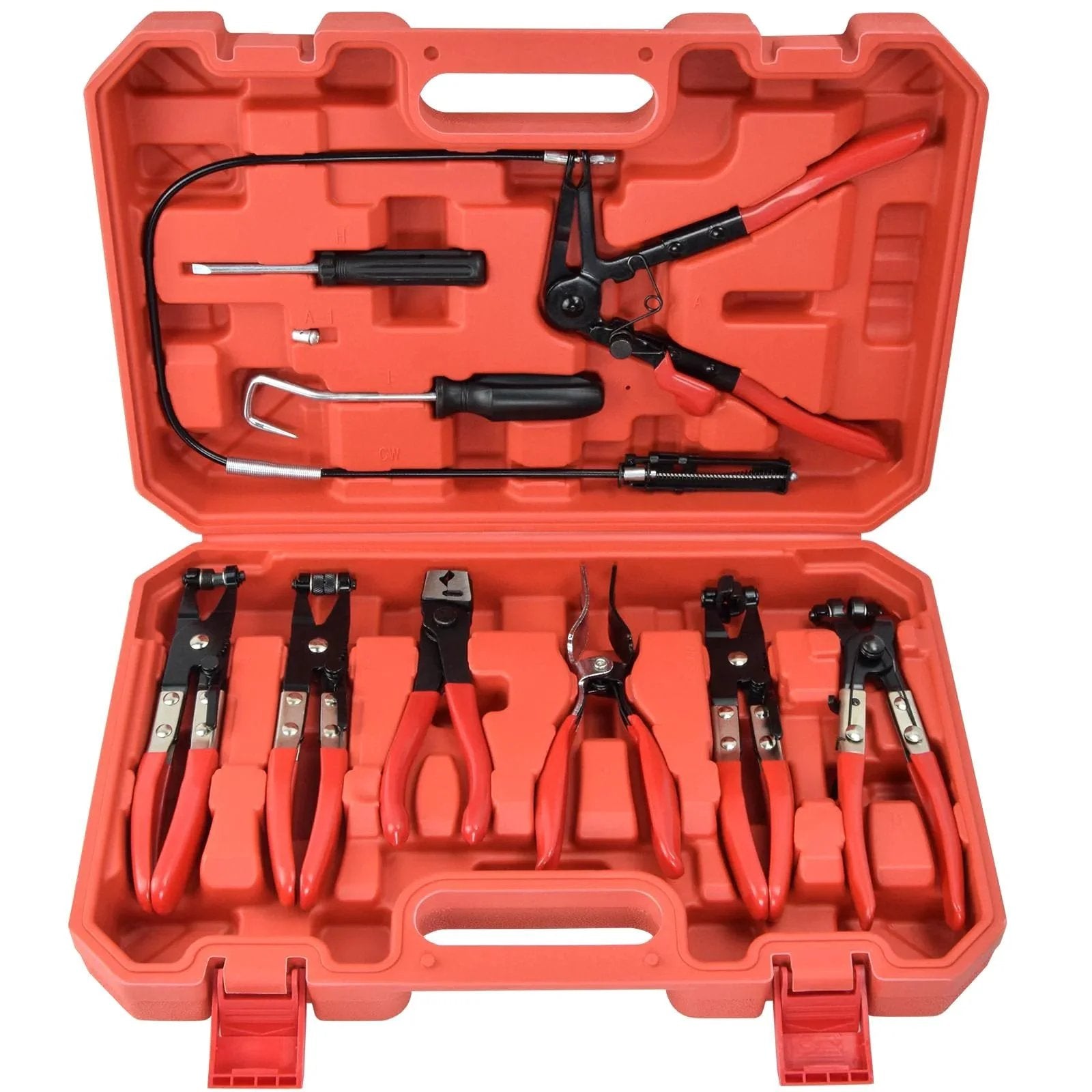 9 Piece Hose Clamp Pliers Set With Flexible Long Reach For Automotive Coolant Radiator Heater And Water Lines Locking Mechanism Carbon Steel With Black Oxide Finish Ergonomic Grip Red Auto Clamp Removal Tool Kit in open red case