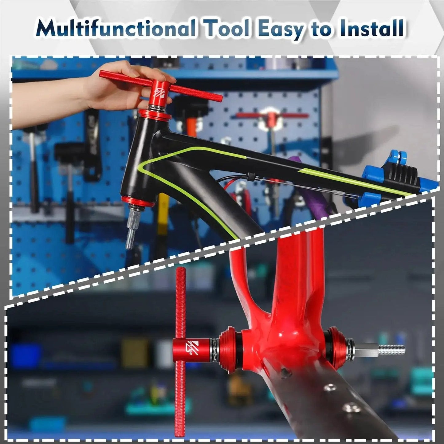 Installation of Aluminum Alloy Bicycle Headset Press In Tool And Bottom Bracket Install Kit Bearing Press Tool on bike frame