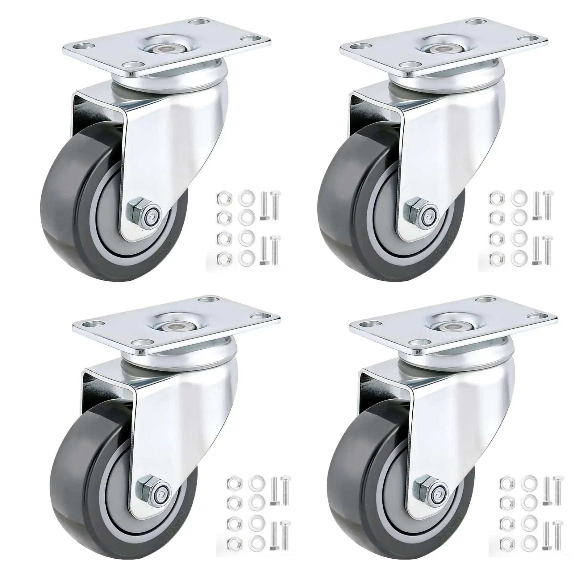 3 Inch Swivel Caster Wheels Set Of 4 With Grey PU Wheels 360 Degree Rotation Double Steel Bearings Heavy Duty Castors