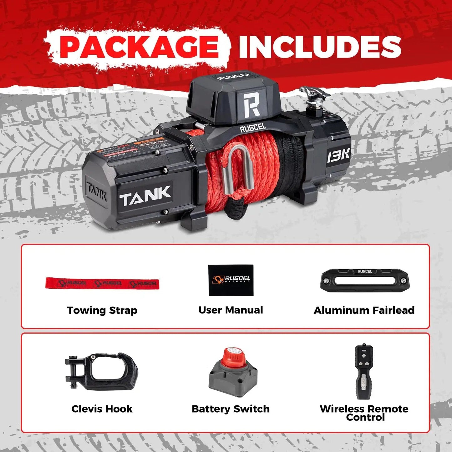 Beast 13500Lb Waterproof Electric Winch With Synthetic Rope 12V For Truck And SUV Hawse Fairlead 2 In 1 Infrared Remote And Wired Control Red Rope Off Road Ready package contents with winch, towing strap, remote, and accessories.