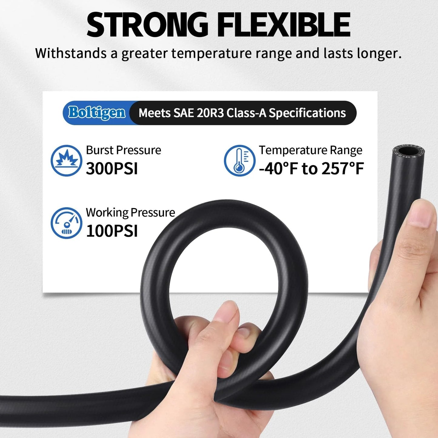 Five Eighth Inch Heater Hose For Water Coolant And Fuel Systems, EPDM Hose With Two Spiral Layers in hand, SAE J20R3 D2 specifications visible