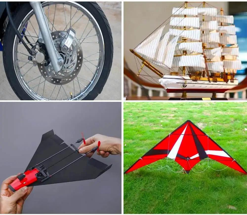 Collage showing a bicycle wheel, model ship, paper airplane, and red kite on grass, illustrating various hobby projects and models.