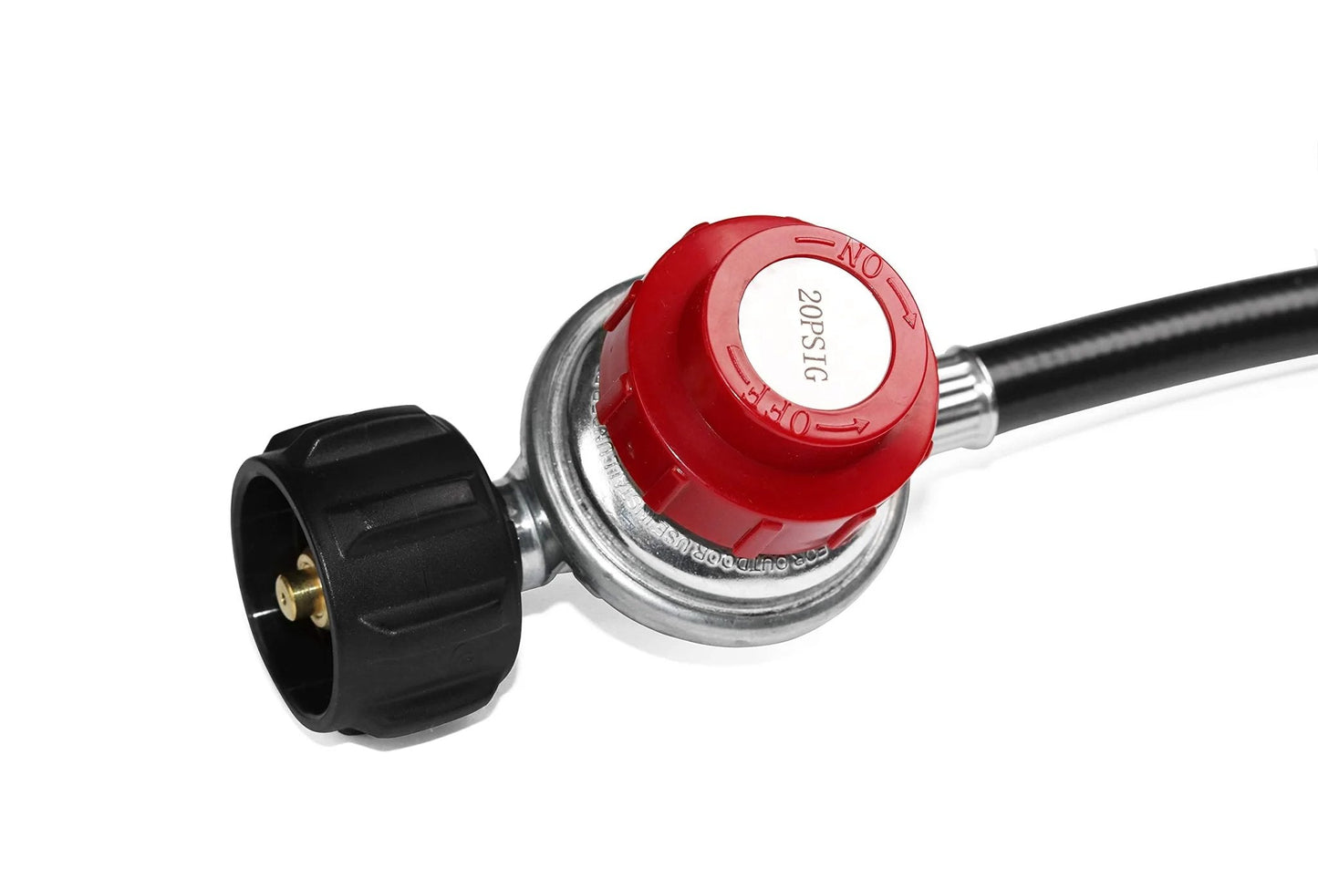 Adjustable 0-20 PSI Propane Regulator with 5 Foot Hose for grills, campers, outdoor cooking, black hose, red regulator knob