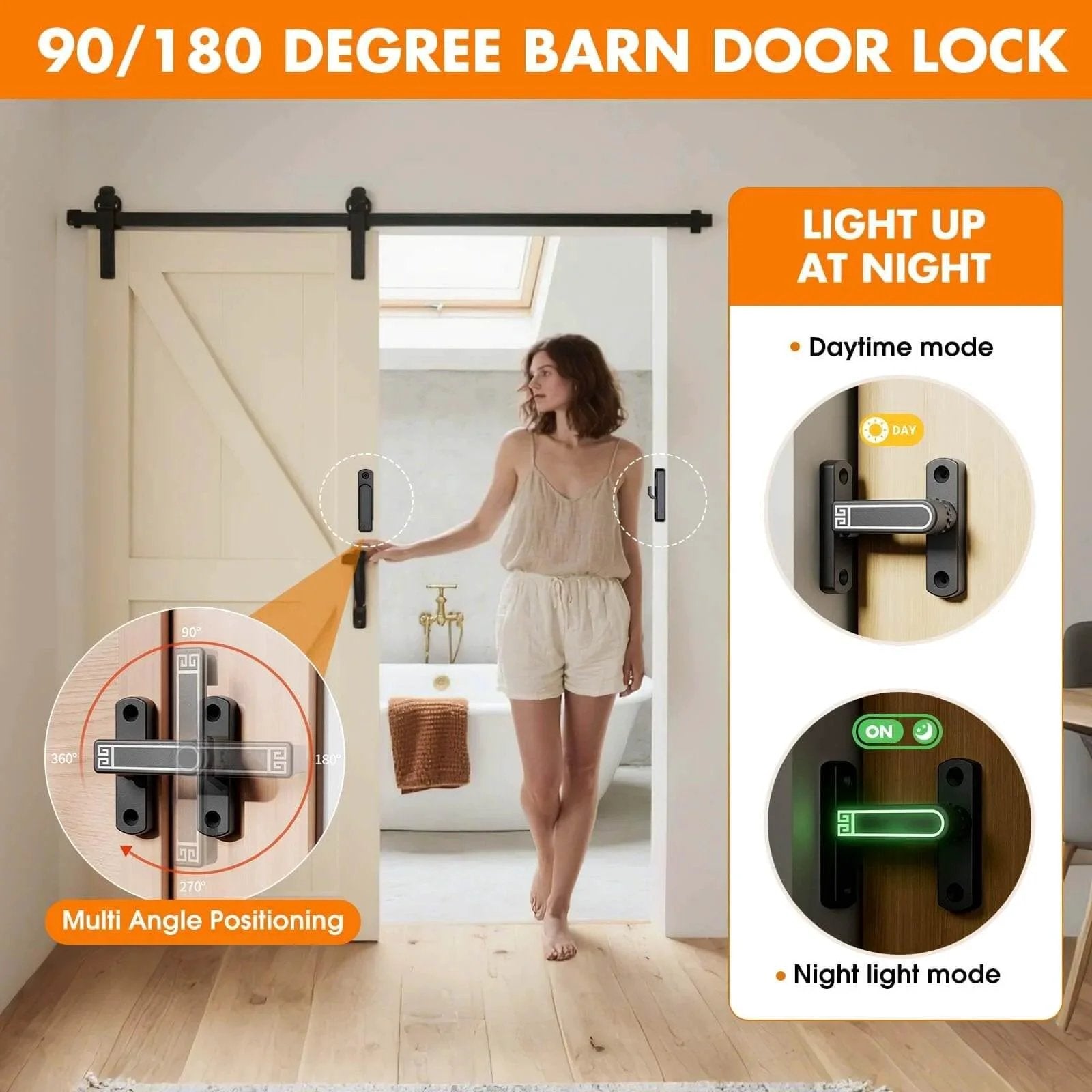 Adjustable Barn Door Latch For Self Aligning Sliding Doors With Height Tuning From 0 To 7 Millimeters Locks At Ninety Or One Hundred Eighty Degrees Zinc Alloy Construction In Black And Luminous Finish For Barns Sheds And Garden Fence Doors, shown with day and night mode in use on sliding barn door.