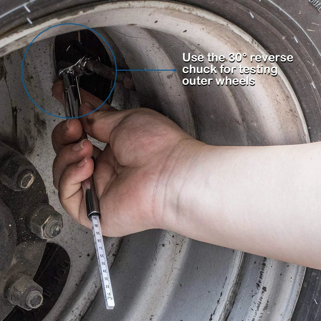 Pencil Tire Pressure Gauge Dual Head For Cars Trucks RVs ATVs Motorcycles And Bikes Mechanical Gauge With Stainless Steel Stem 10 To 120 PSI Silver 2 Pack CZC AUTO in use on a wheel.