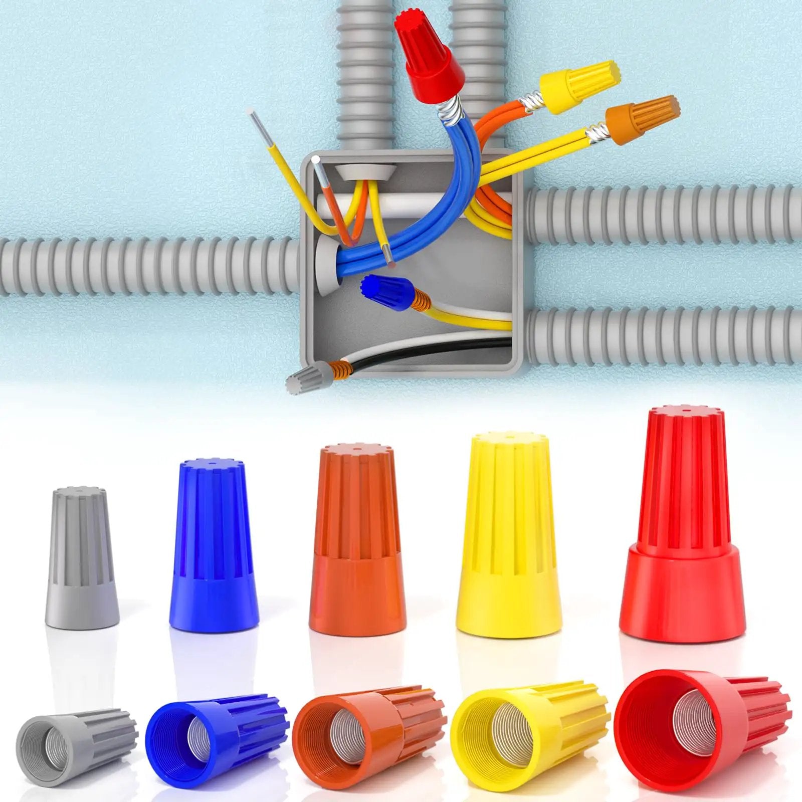 Versatile 25 Pack Wire Nuts For 10 to 22 AWG With Color Coded Twist On Wire Caps Spring Loaded Insulated Connectors Kit in use and displayed