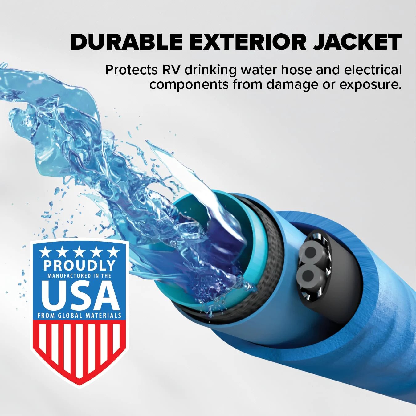 Close-up of heated RV water hose with freeze protection showing durable exterior, suitable for all weather use.