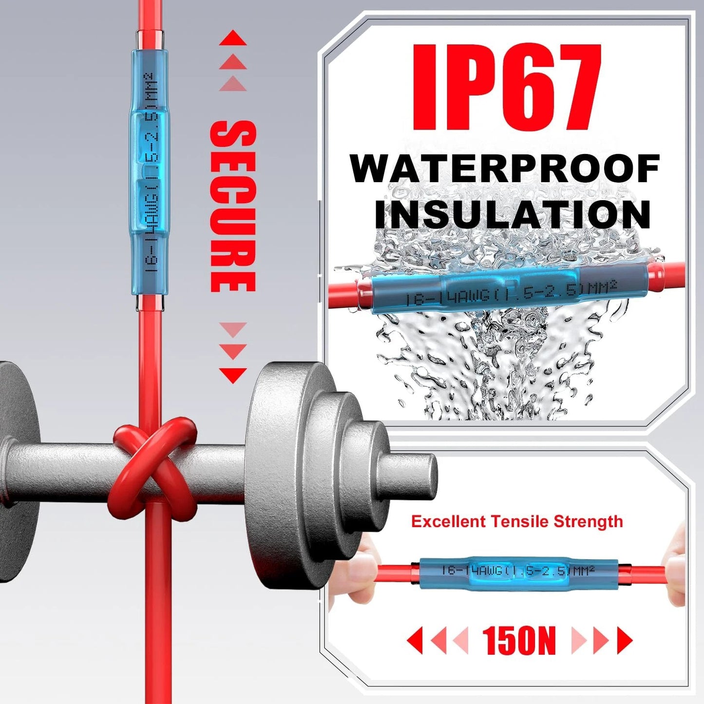 Image of Heat Shrink Butt Connectors For 22 16 AWG 100 Pcs Waterproof Splice Terminals with IP67 waterproof insulation diagram.