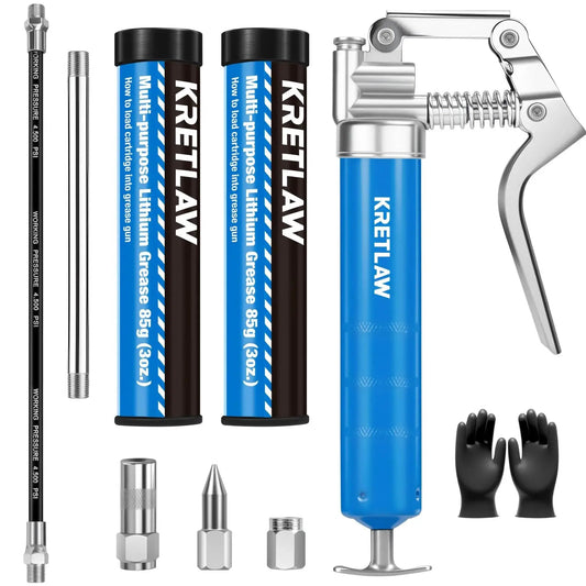 Mini Grease Gun Kit 3000 PSI With Double 3oz Cartridges And 12 Inch Flex Hose Pro Grade Reinforced Coupler For Automotive And Marine Use Includes Extension Pipe 4 Jaw Coupler Sharp Nozzle Extension Adapter And Gloves