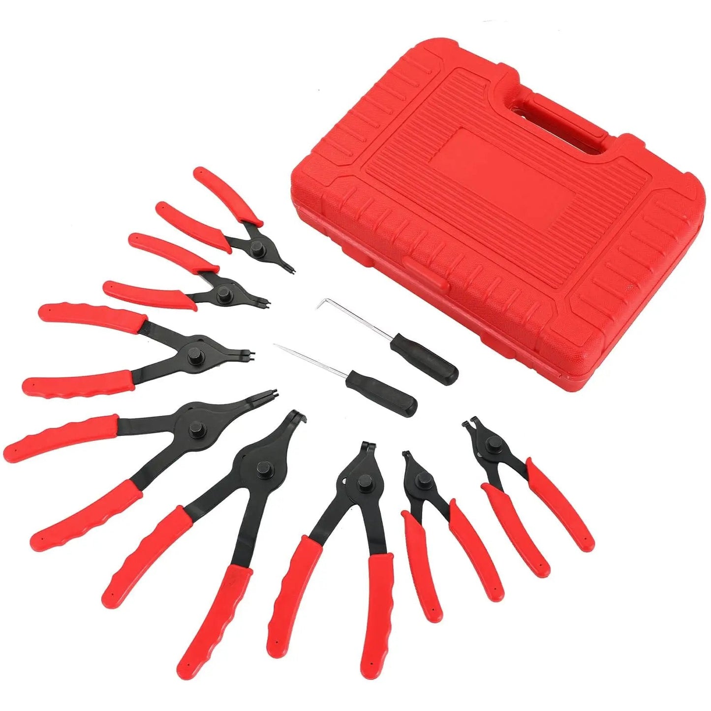 11 Piece Snap Ring Pliers Set Tough As Nails Heavy Duty Straight And Bent Retaining Ring Pliers With Hook And Pick Internal And External Circlip Removal Tools For Cars Trucks Motorcycles Lawn Mower And Farm Equipment Built With Heat Treated 45 Steel displayed with red carrying case.