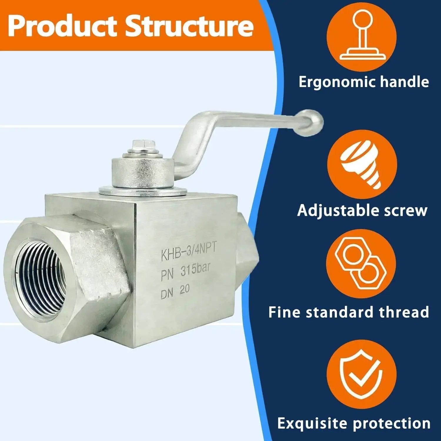 High Pressure Three Quarter Inch Hydraulic Ball Valve With 4568 PSI Shut Off Two Way NPT Connection Zinc Plating Product Structure