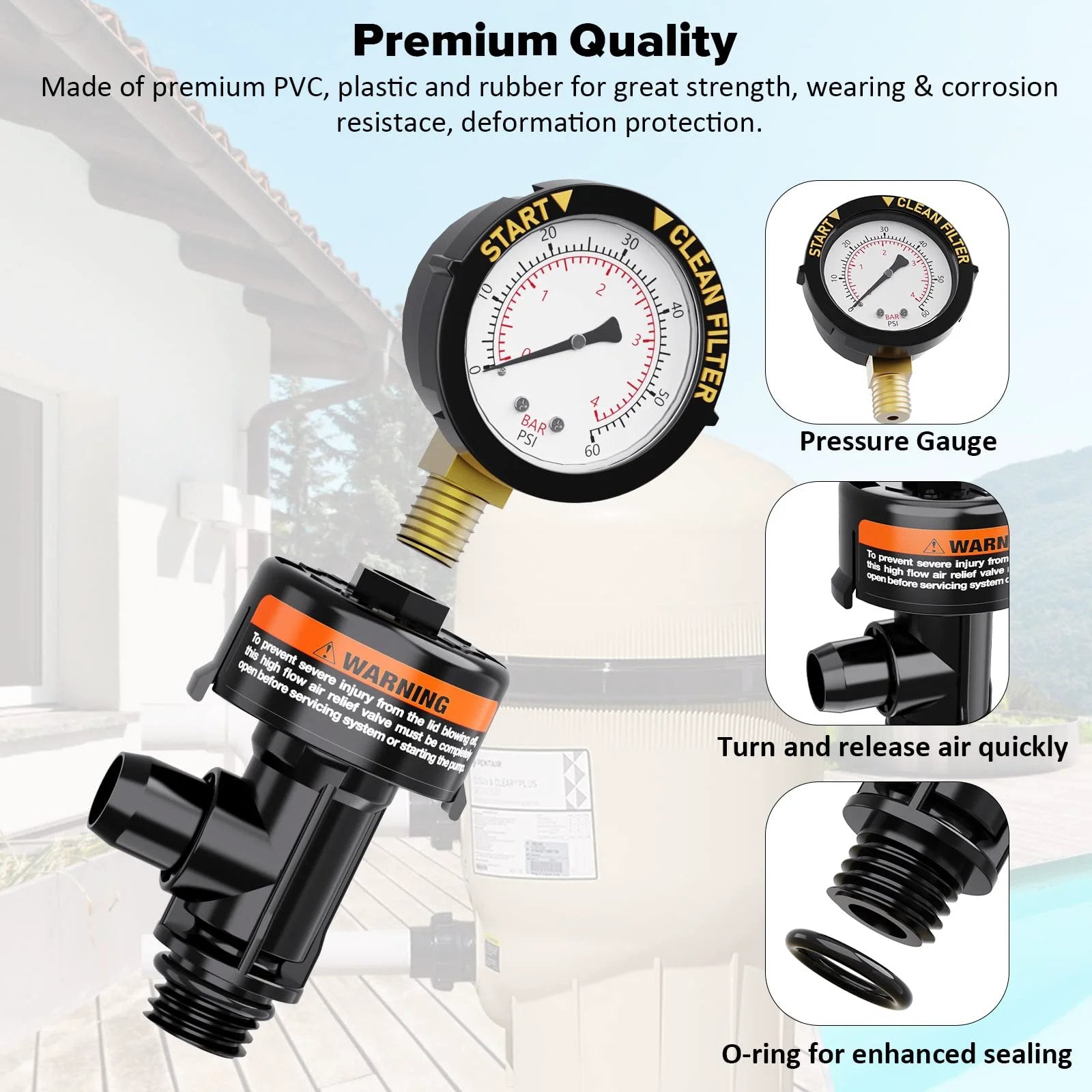 High Flow Manual Air Relief Valve For Pool And Spa Filters With Pressure Gauge Replacement showing pressure gauge and O-ring.