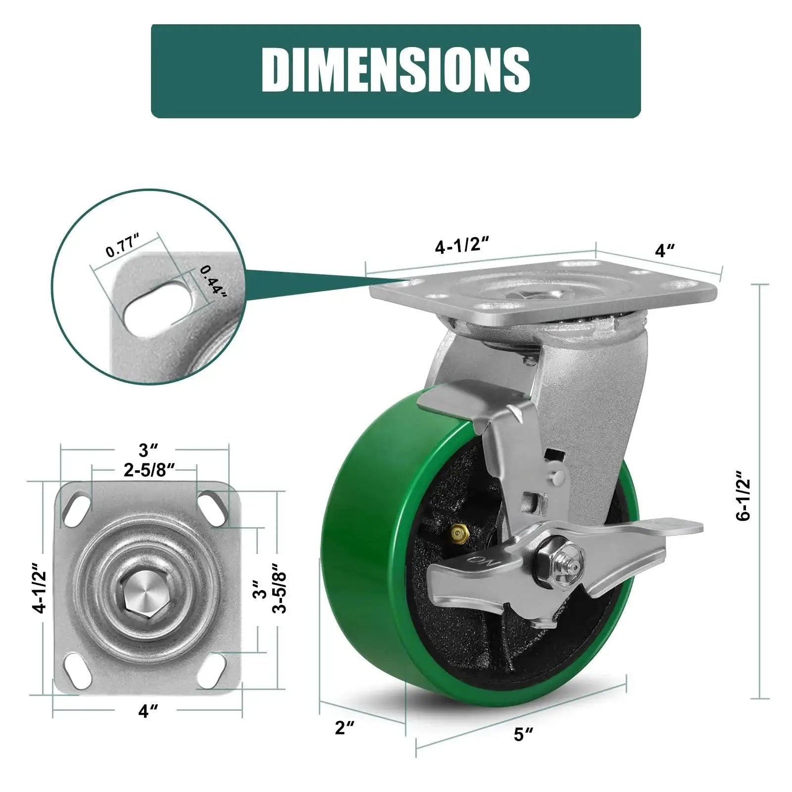 Diagram of 5 Inch By 2 Inch Industrial Heavy Duty Cast Iron Caster Set Of 4 With Polyurethane Tread Non Marking Green Wheels And 2 Brakes
