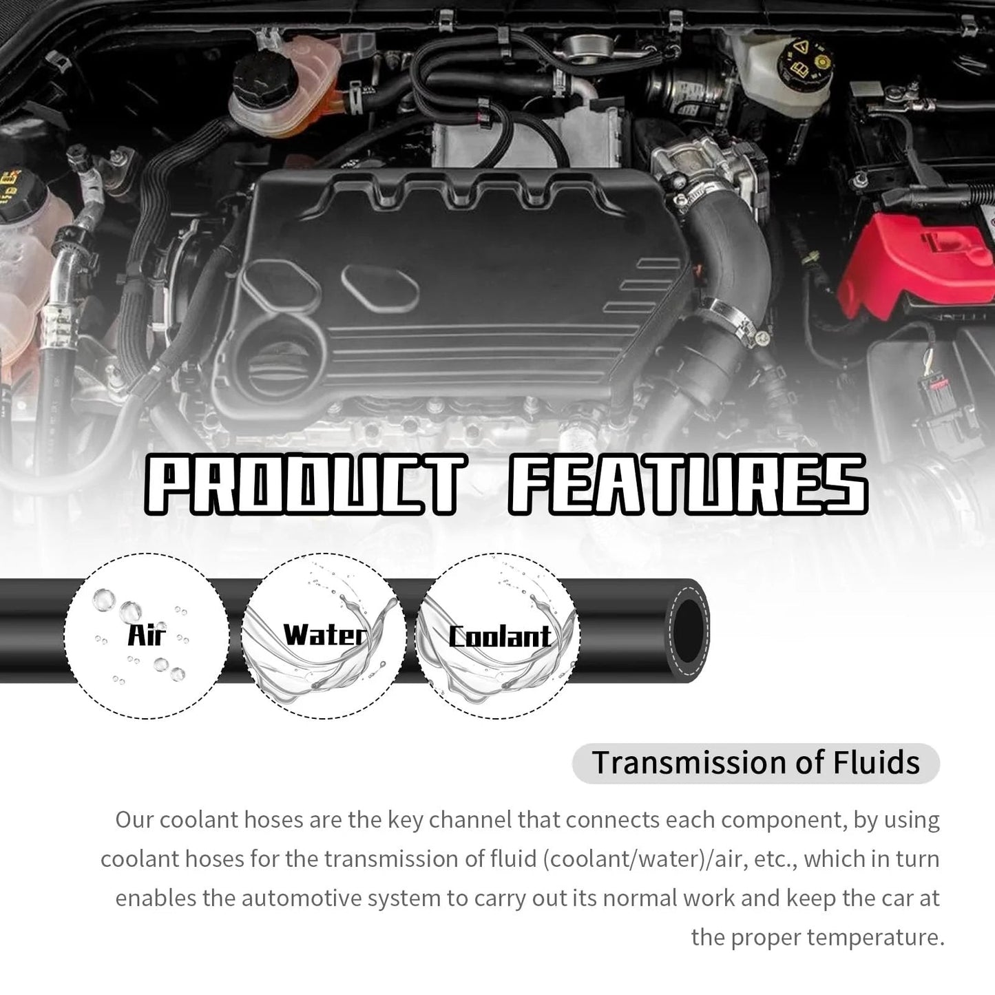 Flexible Silicone Heater Hose 9.84 Ft Long, Five Eighths Inch ID 16mm And 24mm OD, shown installed in car engine.