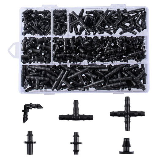 280 Piece Barbed Irrigation Fittings Kit For Drip Systems With One Quarter Inch Tubing Fittings Including Straight Barbs Tees Elbows End Plugs And Four Way Coupling Easy Push On Installation Leak Proof Storage Box For Garden Pots Lawn And Flower Beds