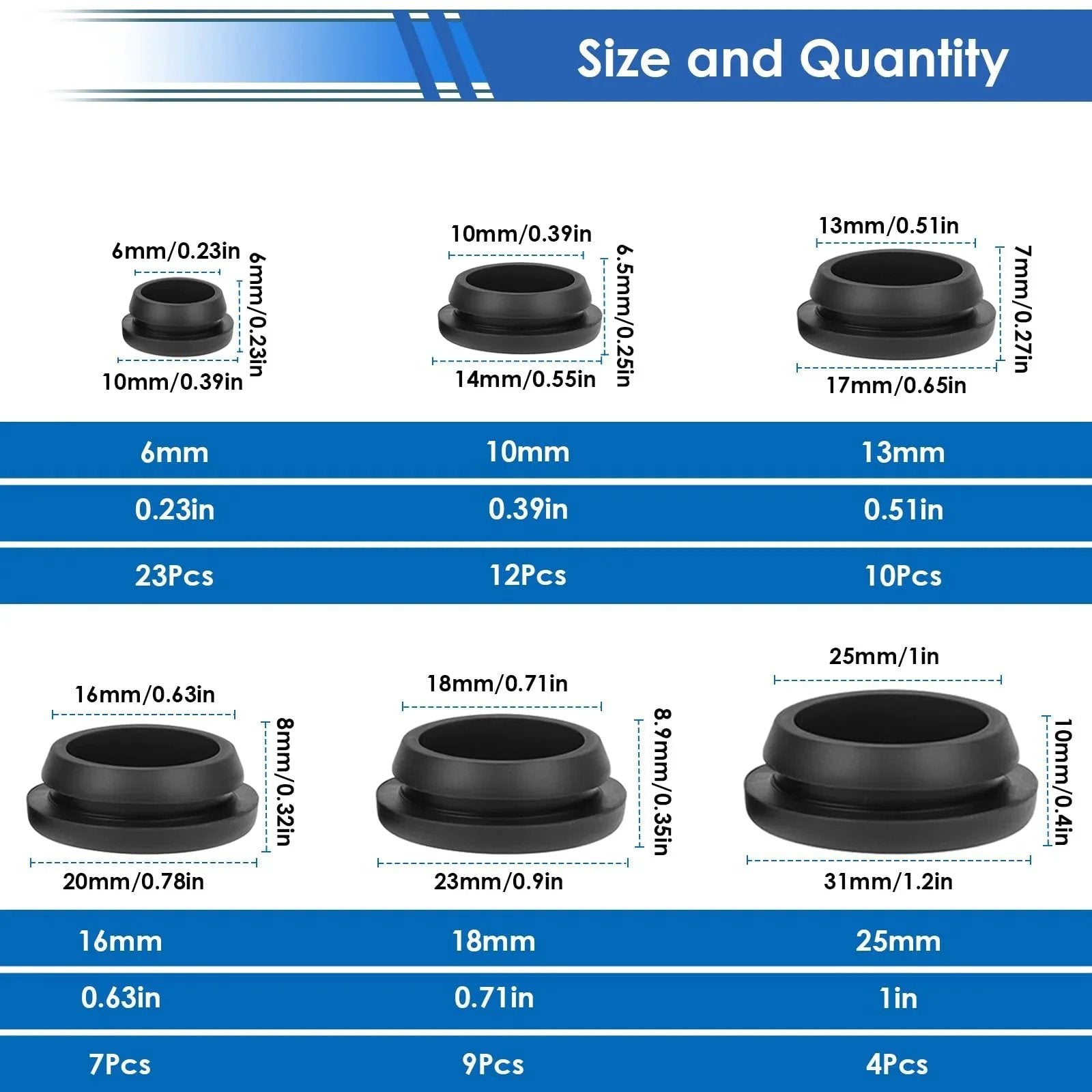 Size chart of 65 Pcs Rubber Plugs For Round Holes Set In 6 Sizes Including One Inch Three Quarters Inch Five Eighths Inch One Half Inch